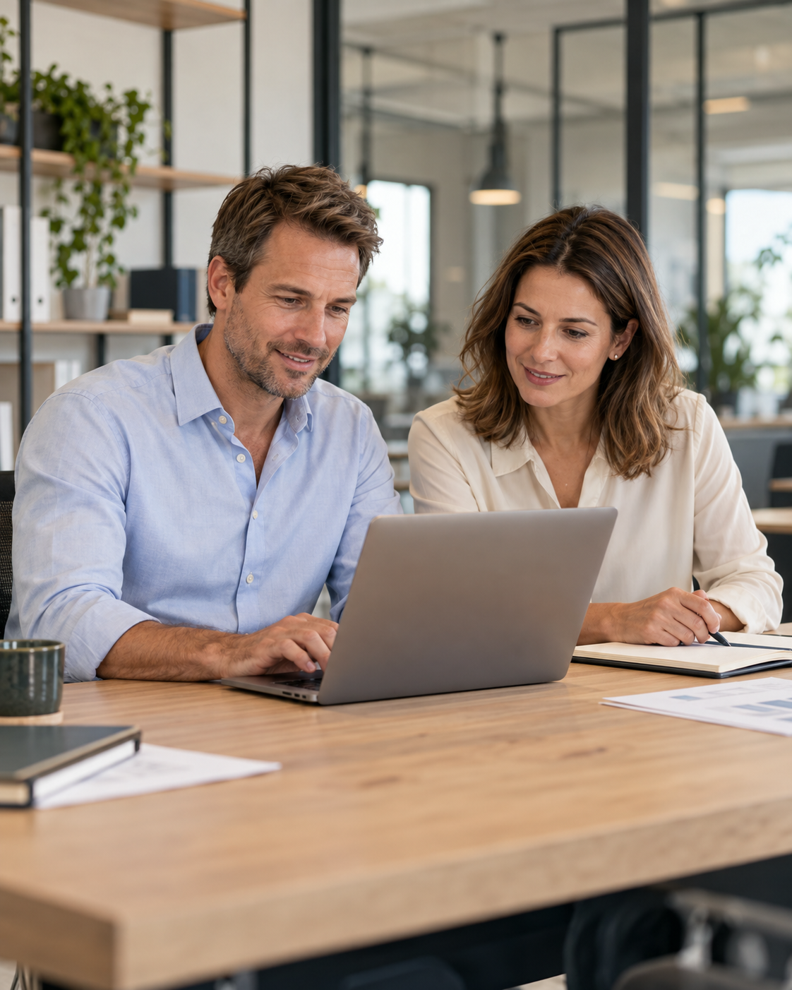 Ein Mann und eine Frau arbeiten konzentriert gemeinsam am Laptop im Büro – KI-generiertes Themenbild