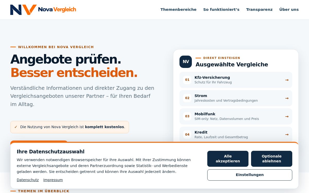 Ausschnitt der von Sites bereitgestellten Nova-Vergleich-Projektansicht